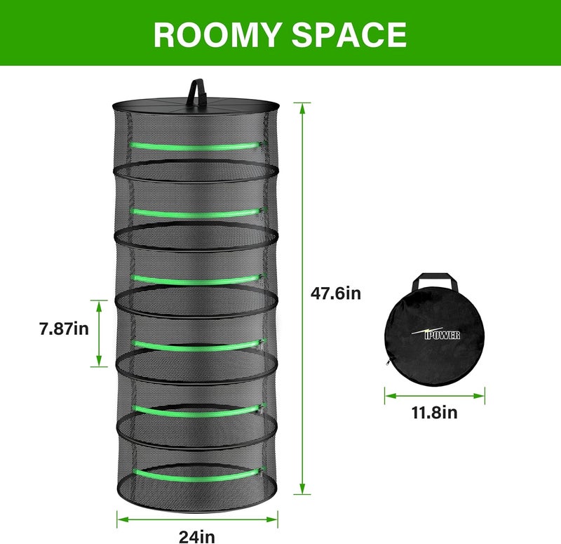 I-Power 2ft 6-Layer Herb Drying Rack Breathable Mesh Hanging Dryer with Zippers Foldable Heavy Duty Ring for Garden Plant, Free Storage Bag and Hook Included, 2 Packs - Image 3